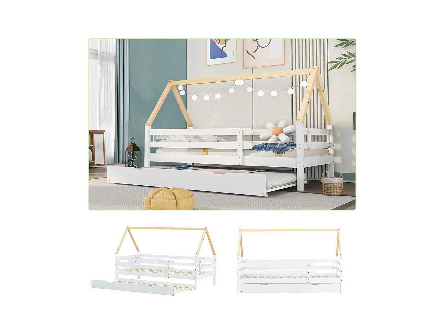 Lit jeune lit 90 x 200 cm(90x190cm) lit simple bois massif blanc+naturel