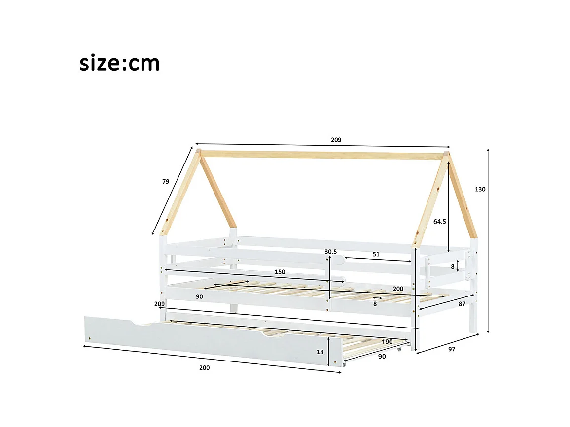 Lit jeune lit 90 x 200 cm(90x190cm) lit simple bois massif blanc+naturel