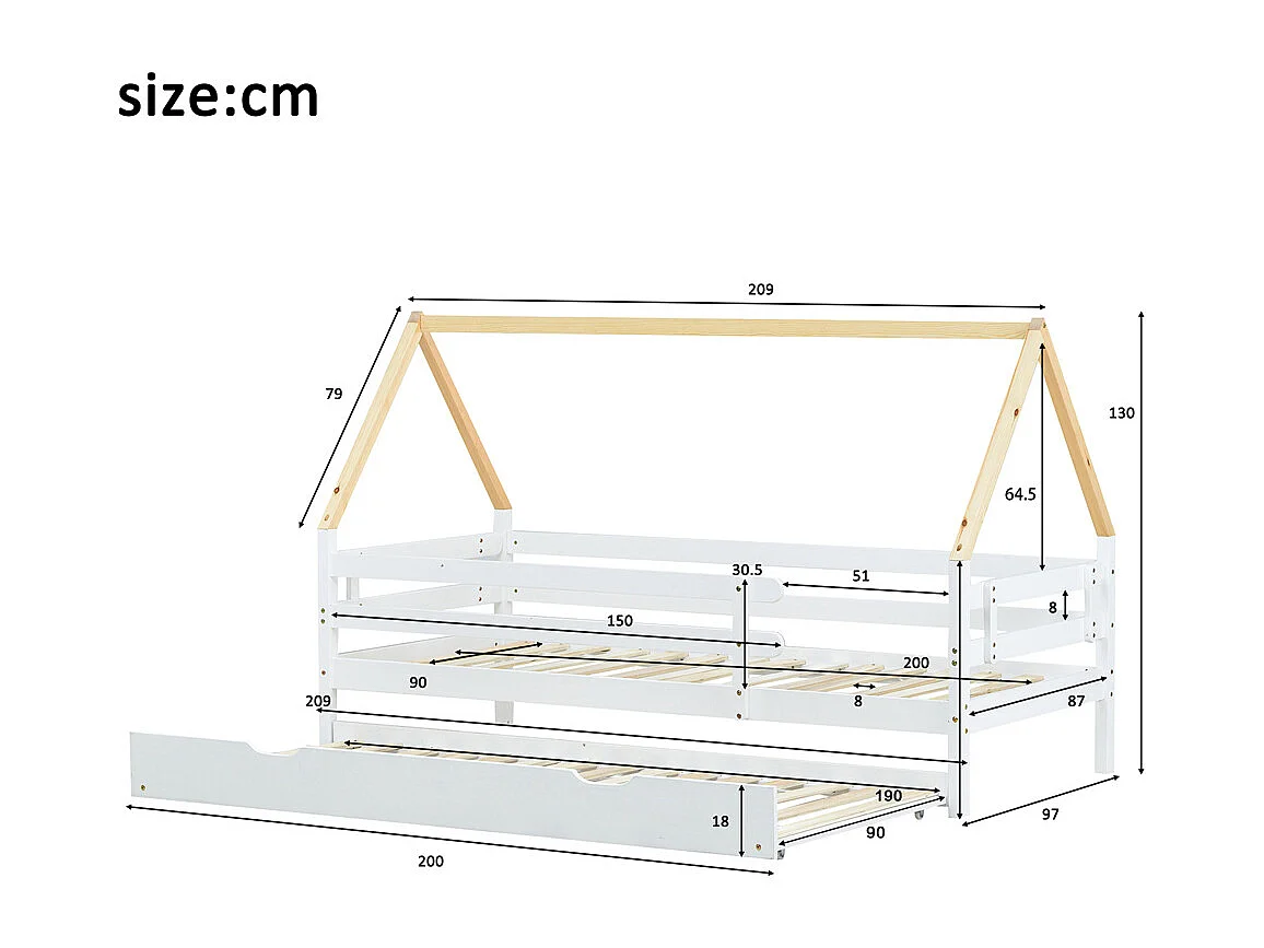 Lit jeune lit 90 x 200 cm(90x190cm) lit simple bois massif blanc+naturel