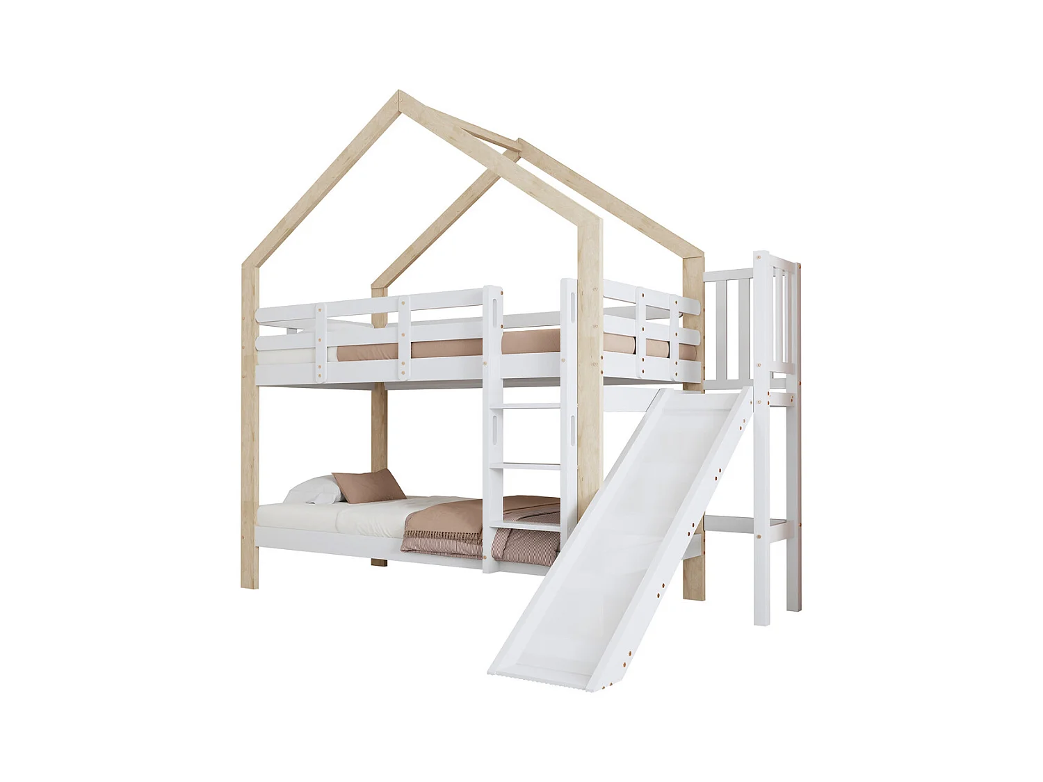 Lit superposé 90x200cm, lit cabane avec protection antichute, lit enfant, cadre de lit en bois massif, blanc+naturel