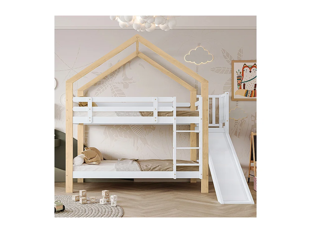 Lit superposé 90x200cm, lit cabane avec protection antichute, lit enfant, cadre de lit en bois massif, blanc+naturel