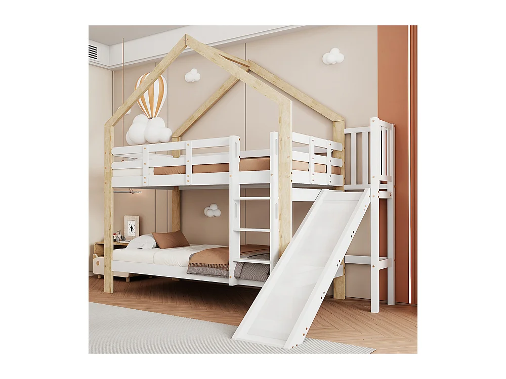 Lit superposé 90x200cm, lit cabane avec protection antichute, lit enfant, cadre de lit en bois massif, blanc+naturel