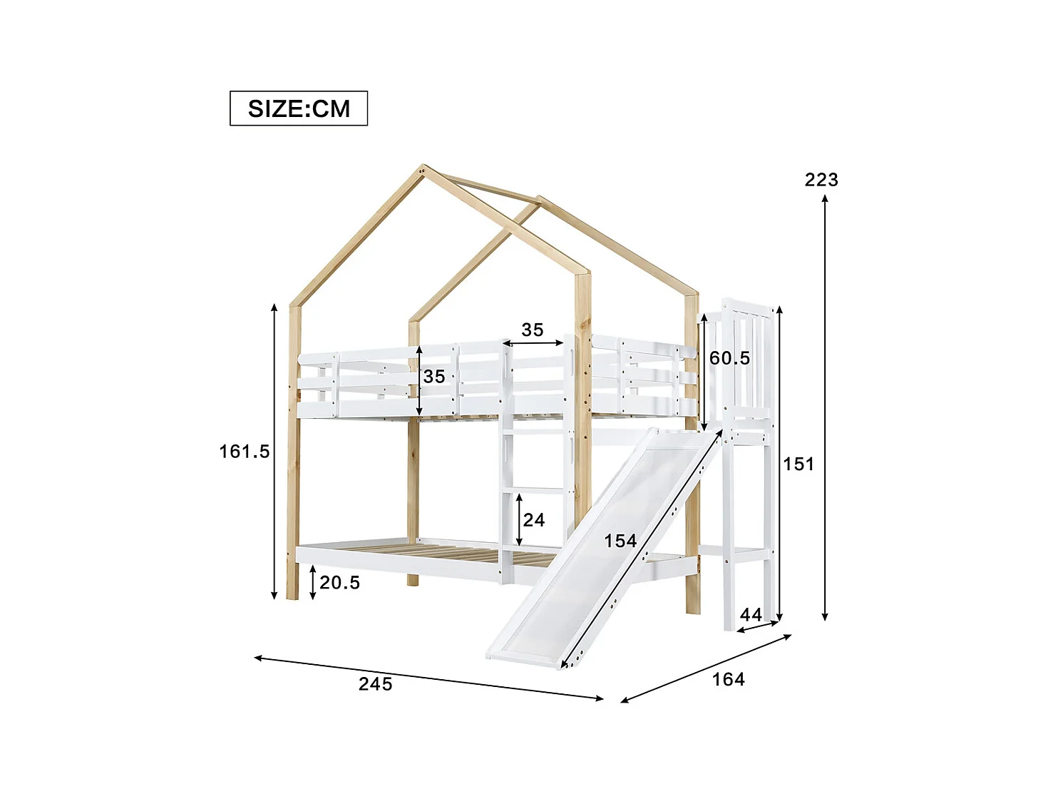 Lit superposé 90x200cm, lit cabane avec protection antichute, lit enfant, cadre de lit en bois massif, blanc+naturel