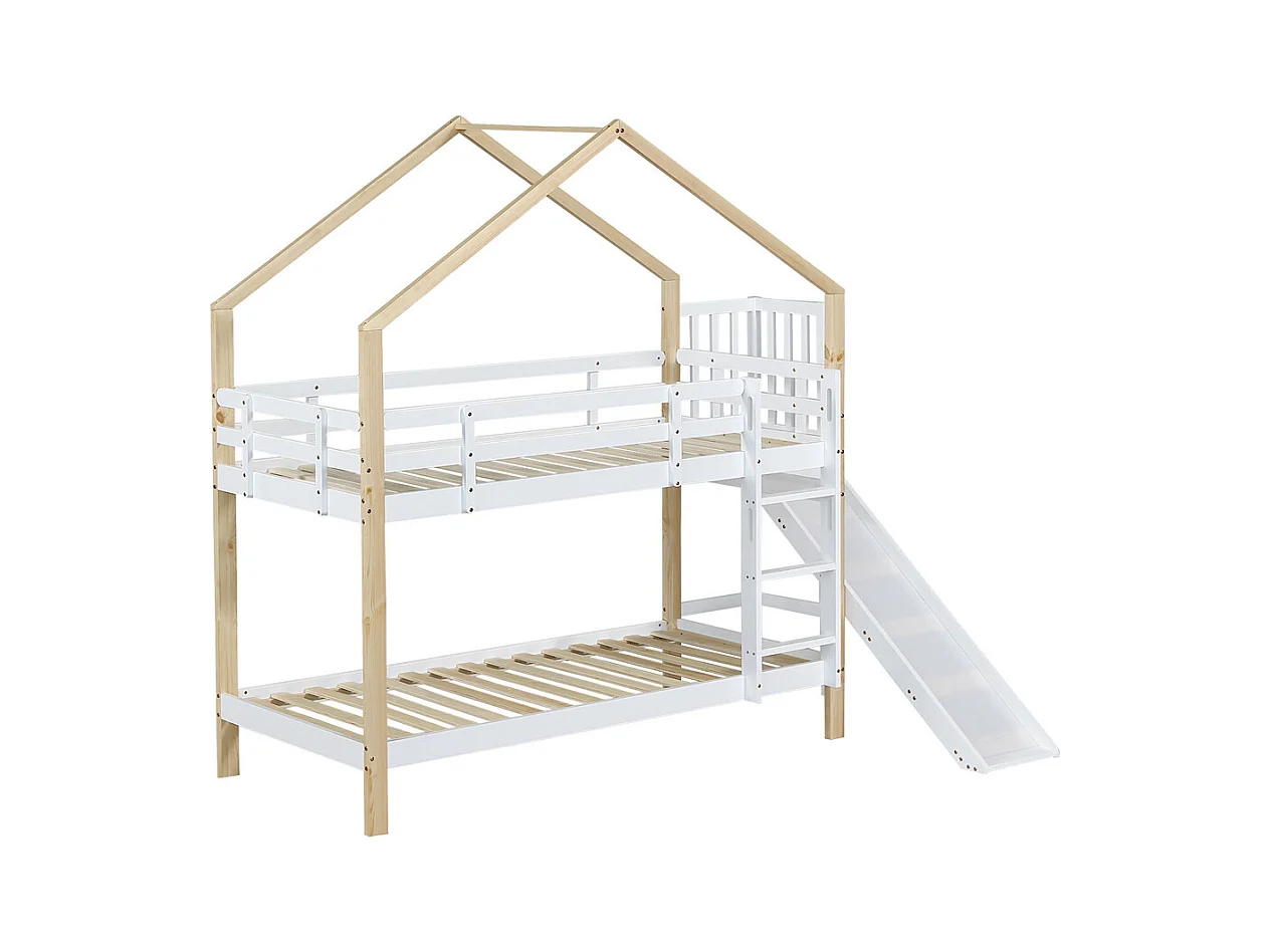 Lit superposé 90x200cm, lit cabane avec protection antichute, lit enfant, cadre de lit en bois massif, blanc+naturel