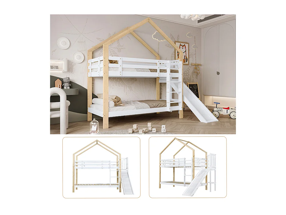 Lit superposé 90x200cm, lit cabane avec protection antichute, lit enfant, cadre de lit en bois massif, blanc+naturel