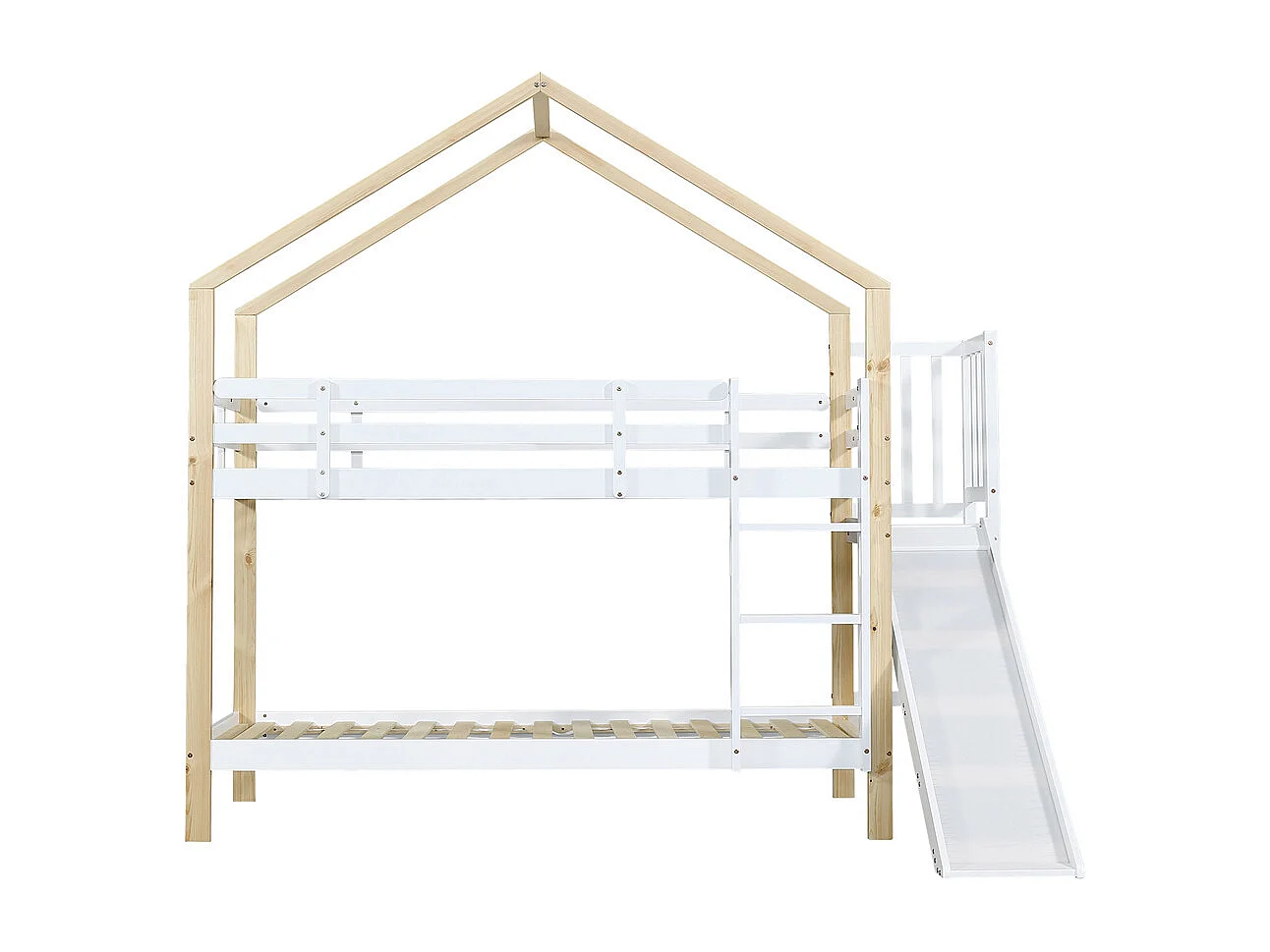 Lit superposé 90x200cm, lit cabane avec protection antichute, lit enfant, cadre de lit en bois massif, blanc+naturel