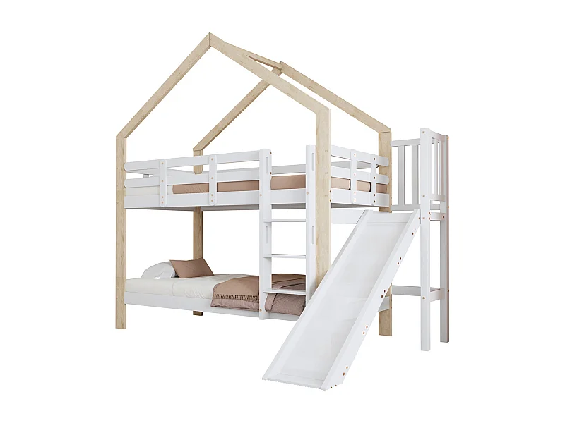 Lit superposé 90x200cm, lit cabane avec protection antichute, lit enfant, cadre de lit en bois massif, blanc+naturel