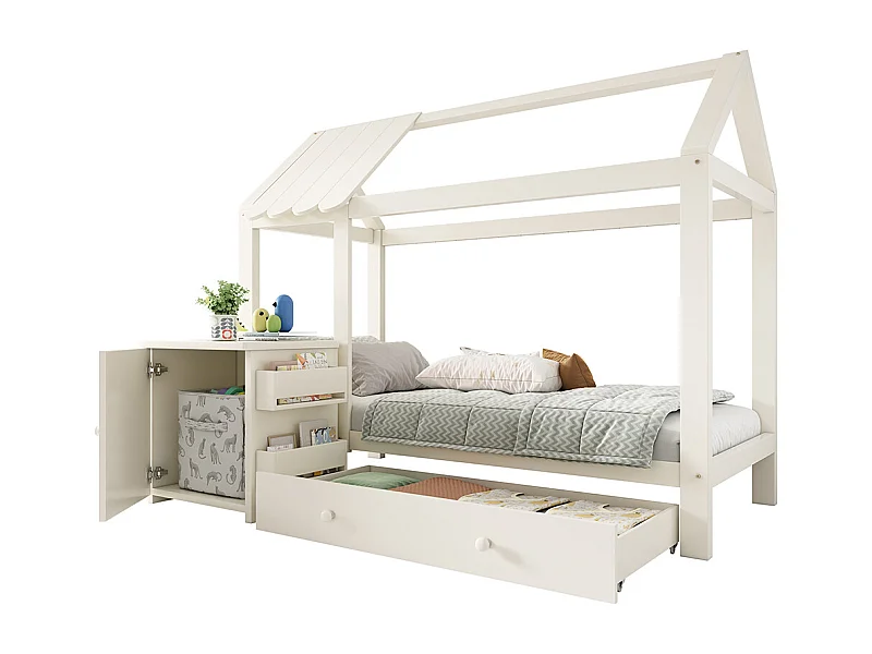 Lit de maison, lit d'enfant 90x200cm, lit de sol avec tiroirs et table de nuit amovible, bois massif, blanc, sans matelas