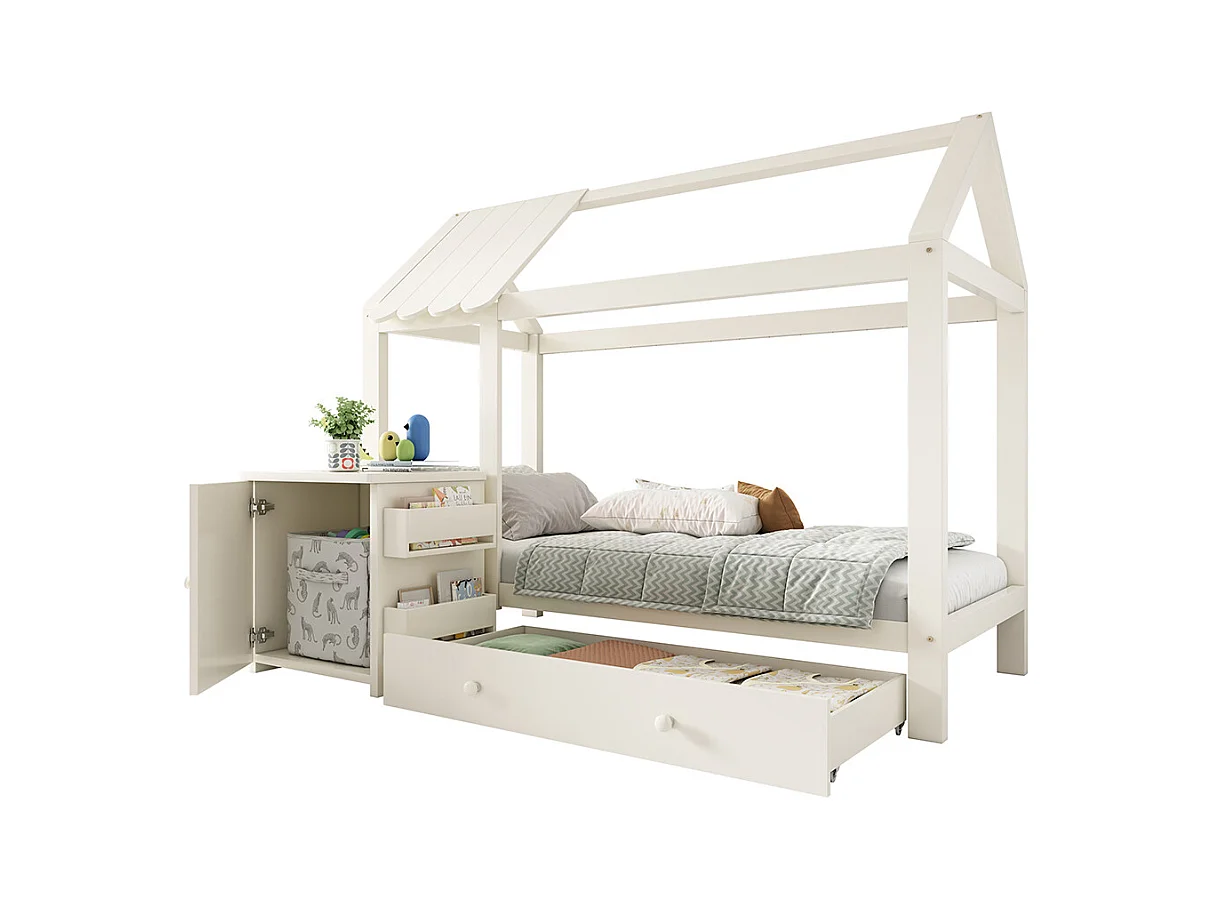 Lit de maison, lit d'enfant 90x200cm, lit de sol avec tiroirs et table de nuit amovible, bois massif, blanc, sans matelas