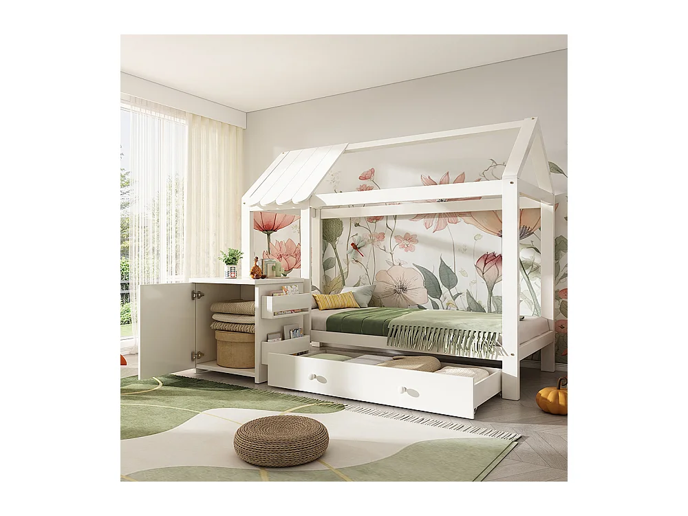 Lit de maison, lit d'enfant 90x200cm, lit de sol avec tiroirs et table de nuit amovible, bois massif, blanc, sans matelas