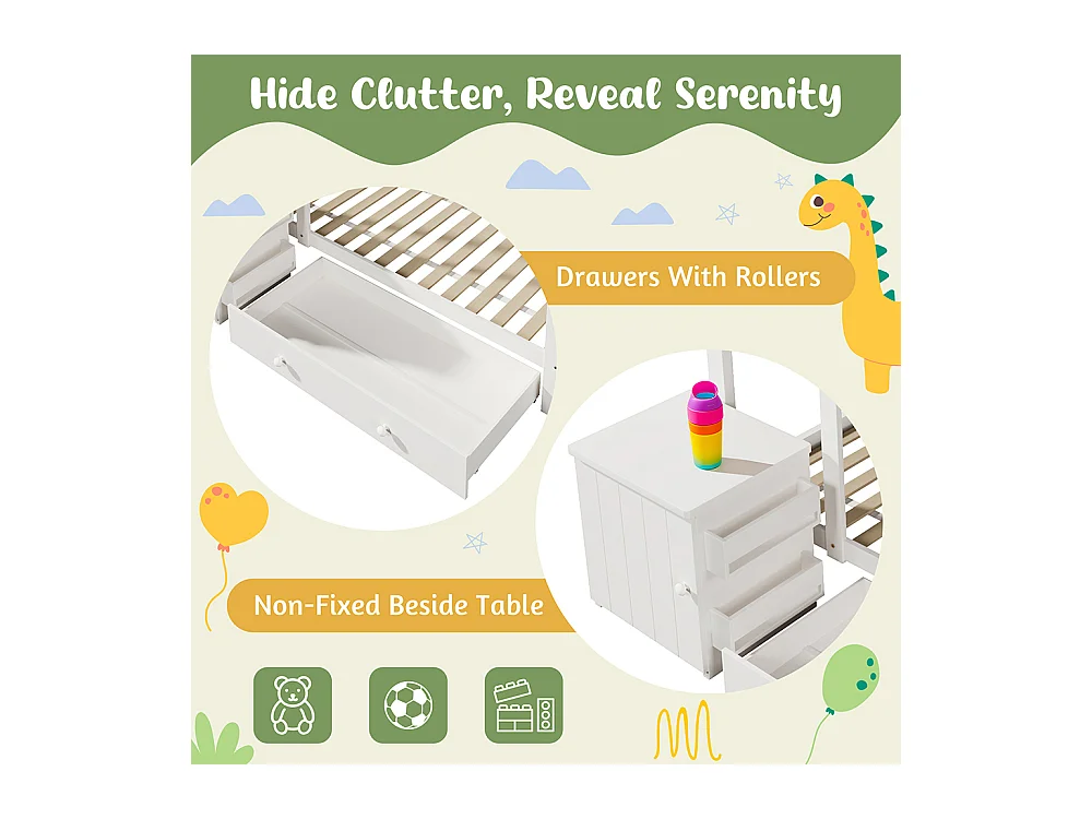 Lit de maison, lit d'enfant 90x200cm, lit de sol avec tiroirs et table de nuit amovible, bois massif, blanc, sans matelas