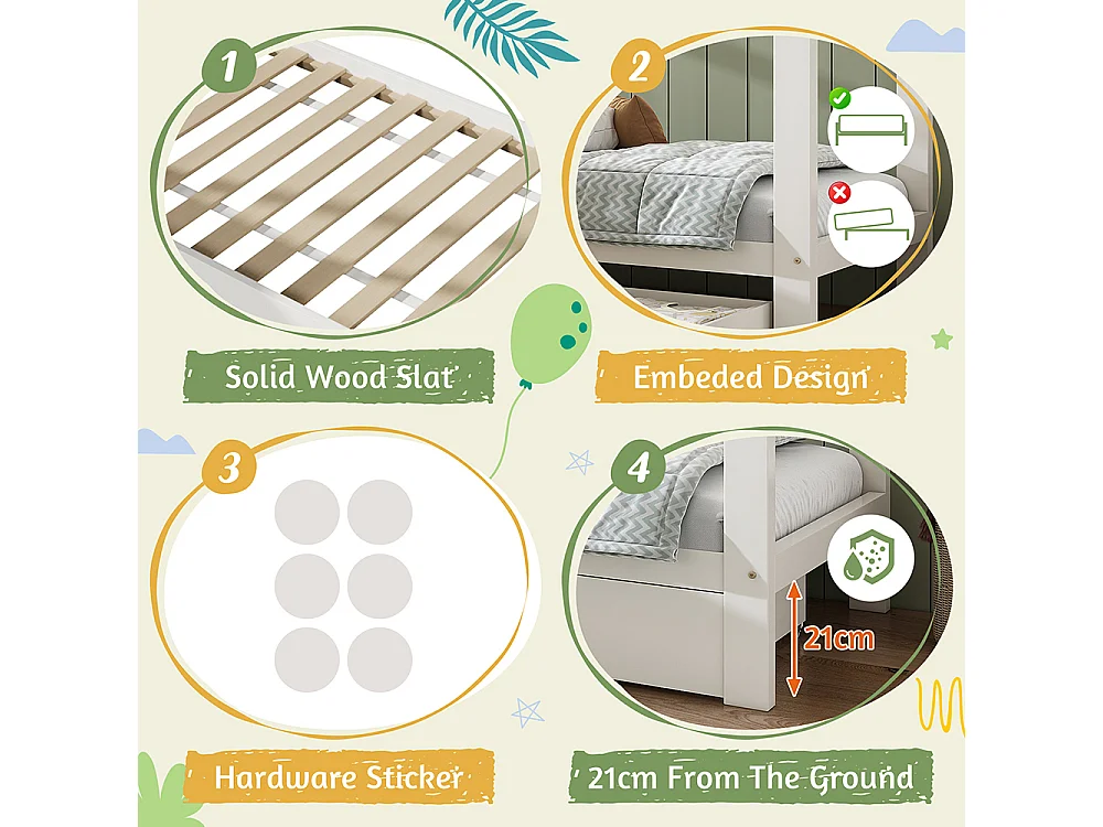 Lit de maison, lit d'enfant 90x200cm, lit de sol avec tiroirs et table de nuit amovible, bois massif, blanc, sans matelas