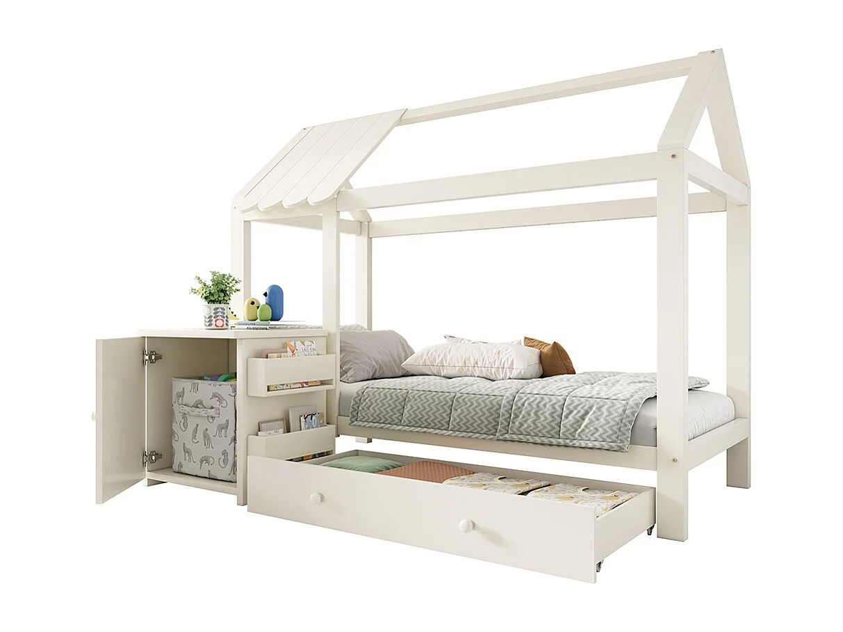 Lit de maison, lit d'enfant 90x200cm, lit de sol avec tiroirs et table de nuit amovible, bois massif, blanc, sans matelas