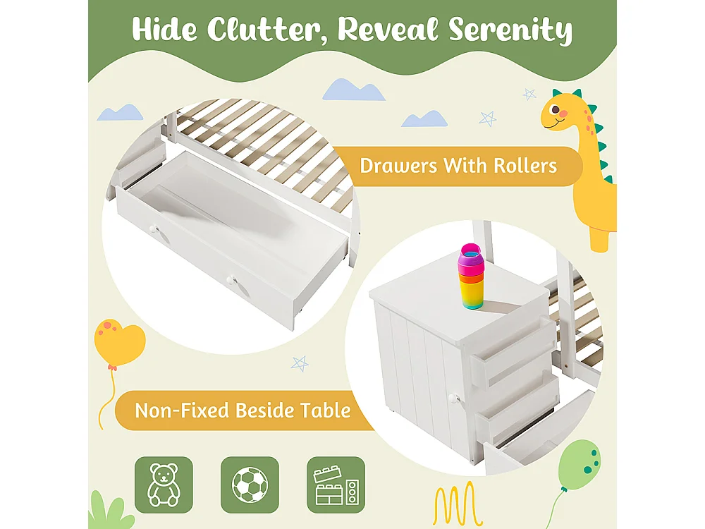 Lit de maison, lit d'enfant 90x200cm, lit de sol avec tiroirs et table de nuit amovible, bois massif, blanc, sans matelas