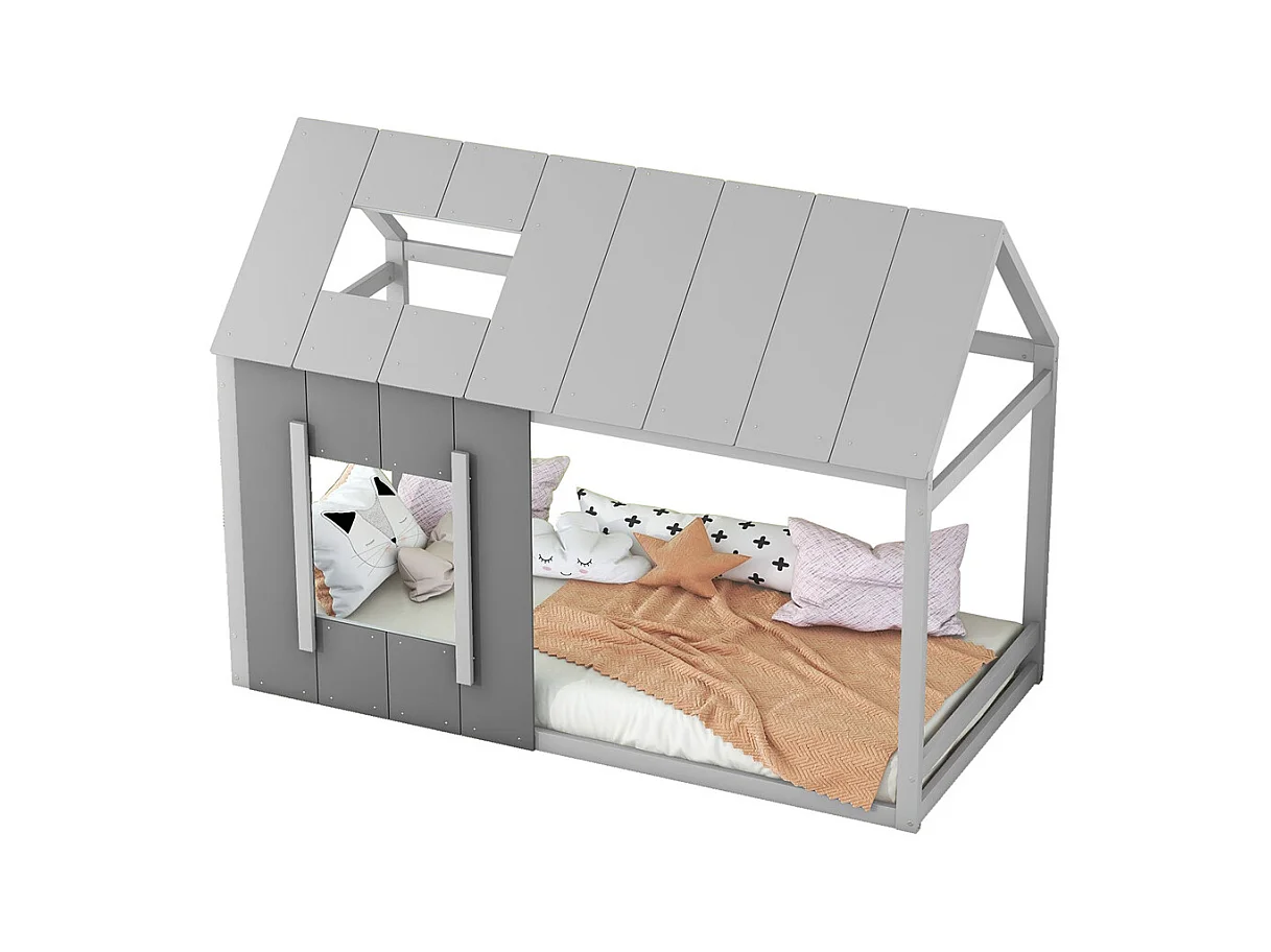 Lit jeune lit 90x200 cm avec toit et fenêtre lit simple pin gris foncé + gris clair