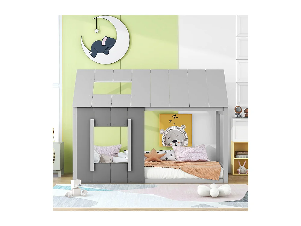 Lit jeune lit 90x200 cm avec toit et fenêtre lit simple pin gris foncé + gris clair