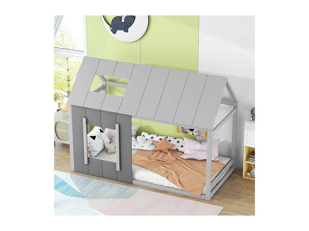 Lit jeune lit 90x200 cm avec toit et fenêtre lit simple pin gris foncé + gris clair