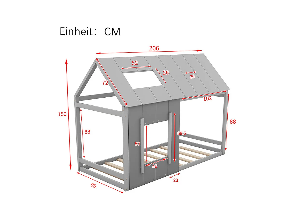 Lit jeune lit 90x200 cm avec toit et fenêtre lit simple pin gris foncé + gris clair