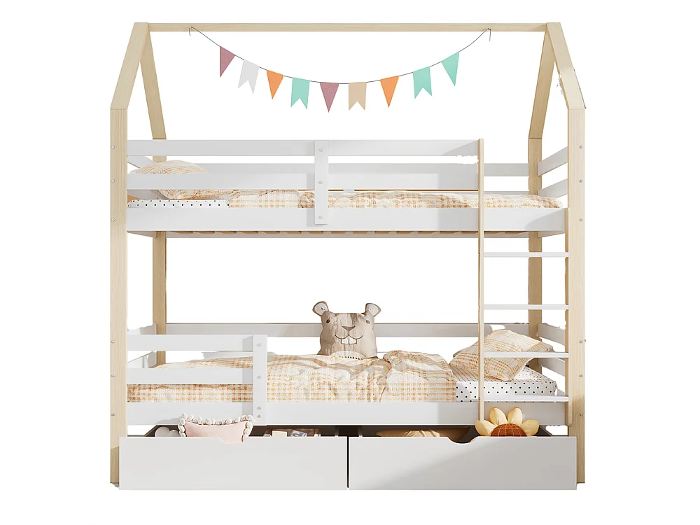 Lit enfant 90x200 cm, lit double, lit cabane avec tiroirs, en pin, sans matelas, couleur blanc + bois