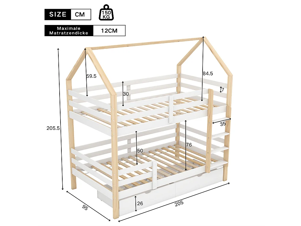 Lit enfant 90x200 cm, lit double, lit cabane avec tiroirs, en pin, sans matelas, couleur blanc + bois