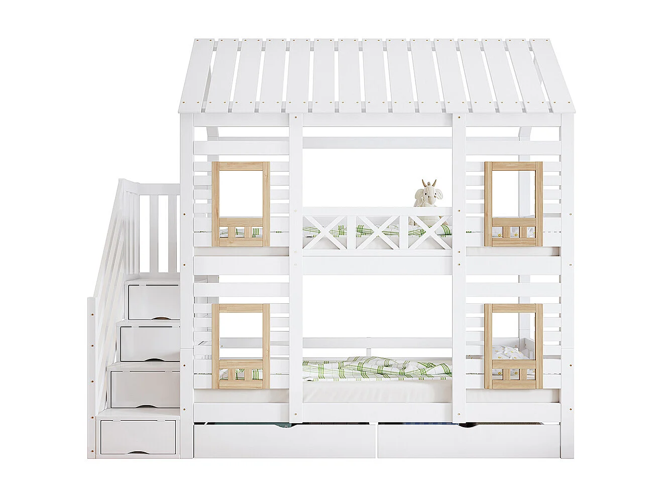 Lit superposé 90x200cm, lit enfant avec barrière de sécurité, fenêtre et deux tiroirs, escalier avec 4 compartiments de rangement, pin+MDF, blanc+naturel