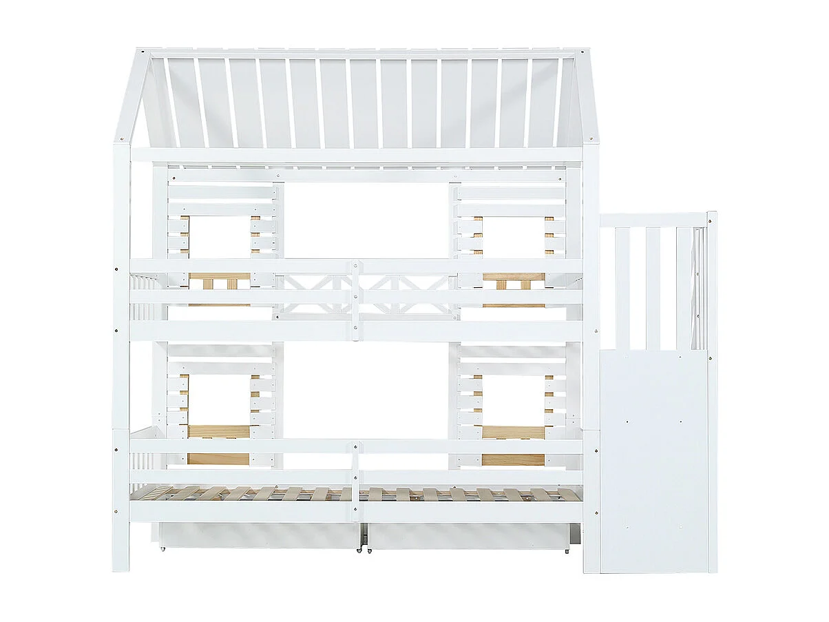 Lit superposé 90x200cm, lit enfant avec barrière de sécurité, fenêtre et deux tiroirs, escalier avec 4 compartiments de rangement, pin+MDF, blanc+naturel