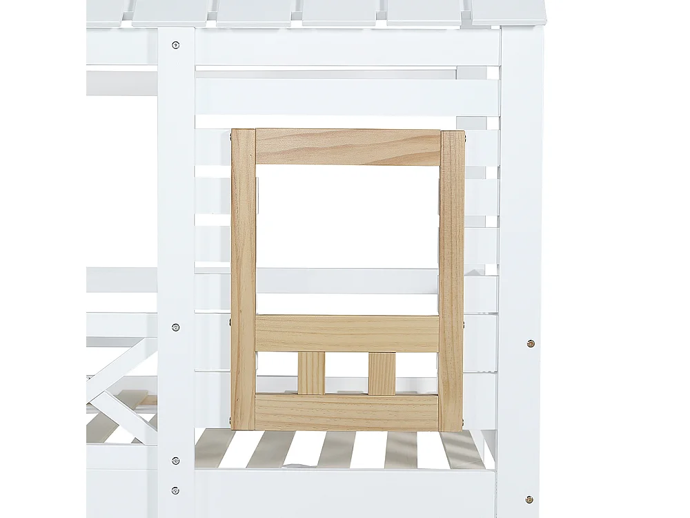 Lit superposé 90x200cm, lit enfant avec barrière de sécurité, fenêtre et deux tiroirs, escalier avec 4 compartiments de rangement, pin+MDF, blanc+naturel