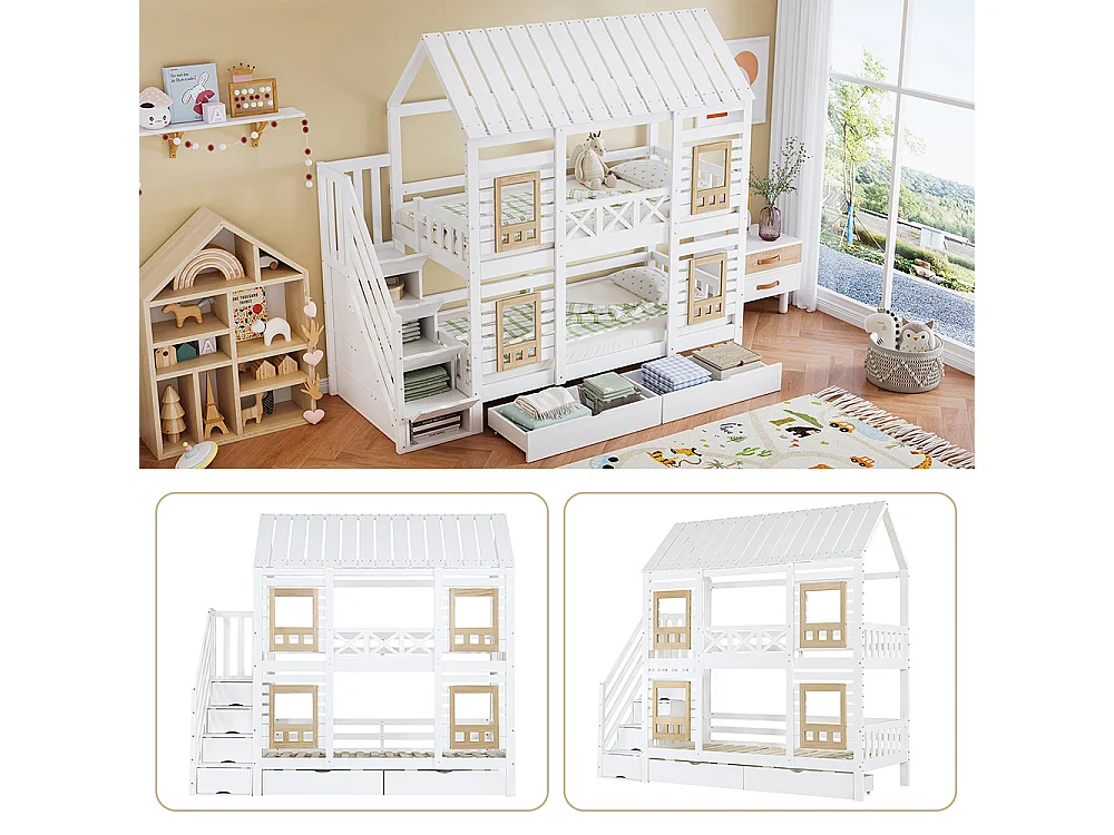 Lit superposé 90x200cm, lit enfant avec barrière de sécurité, fenêtre et deux tiroirs, escalier avec 4 compartiments de rangement, pin+MDF, blanc+naturel