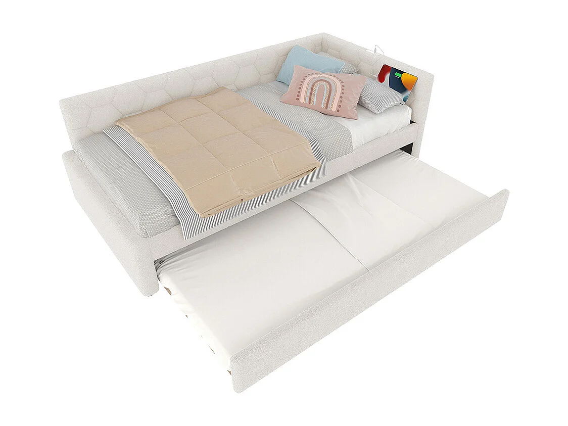 Lit de jour 90x200cm, canapé-lit avec sommier à lattes et lampe de chevet, lit gigogne, connexion usb, type-c, fleece+mdf, blanc, sans matelas