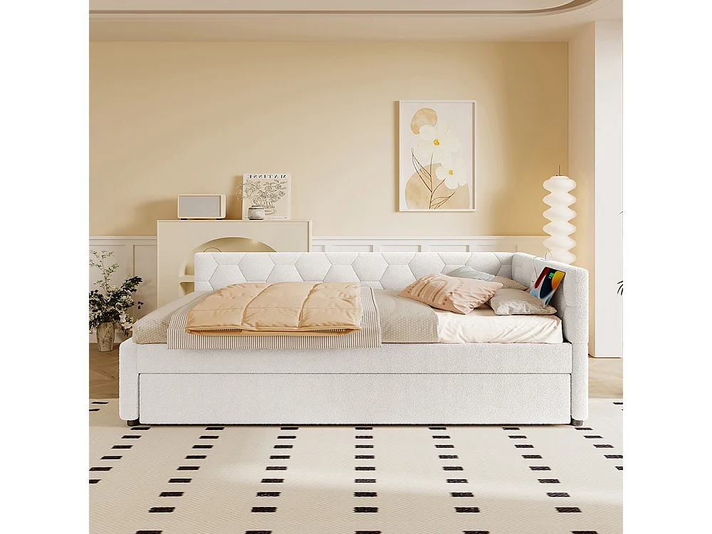 Lit de jour 90x200cm, canapé-lit avec sommier à lattes et lampe de chevet, lit gigogne, connexion usb, type-c, fleece+mdf, blanc, sans matelas