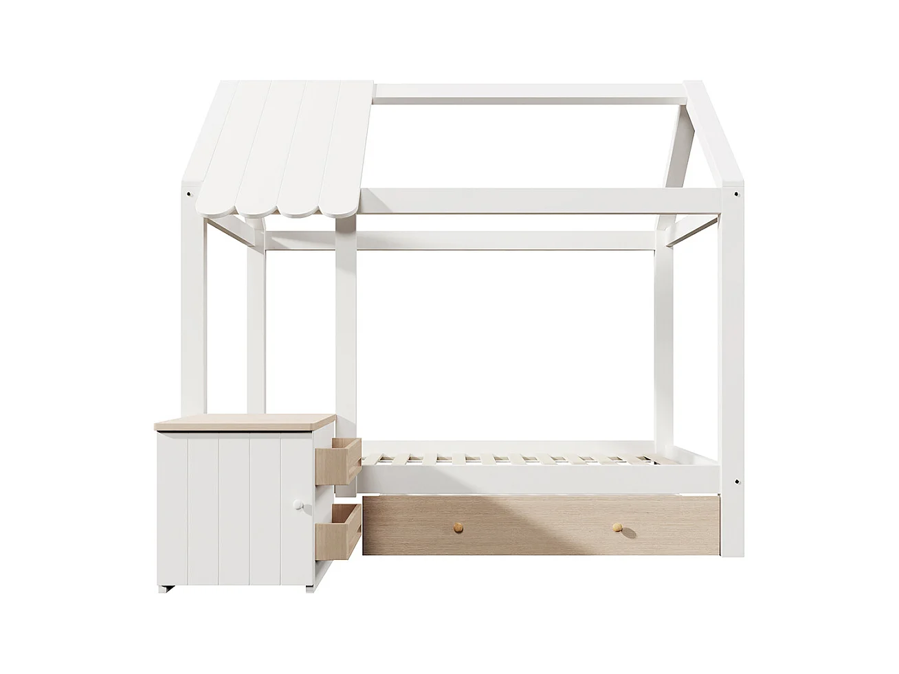 Lit de maison, lit d'enfant 90x200cm, lit de sol avec tiroirs et table de nuit amovible, bois massif, blanc et chêne, sans matelas