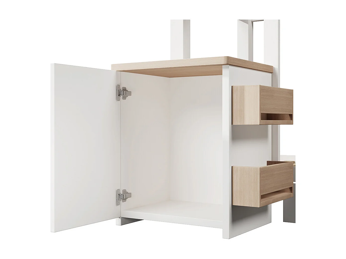 Lit de maison, lit d'enfant 90x200cm, lit de sol avec tiroirs et table de nuit amovible, bois massif, blanc et chêne, sans matelas