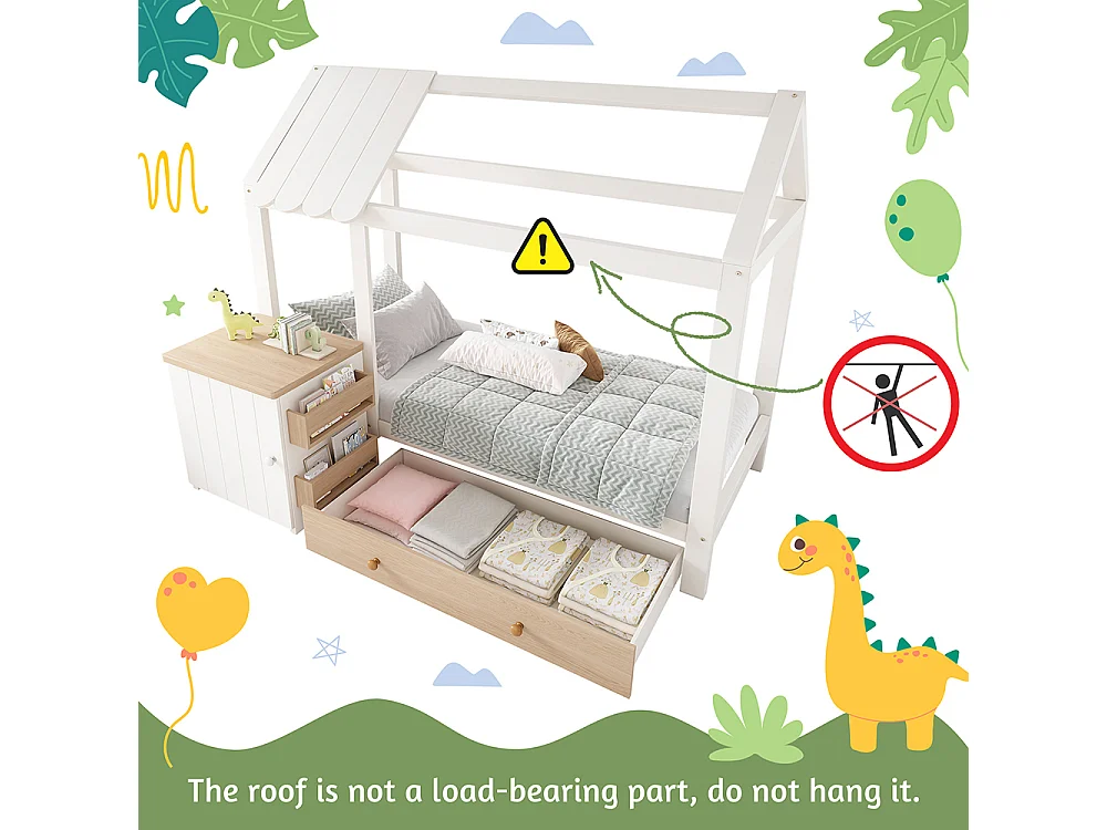 Lit de maison, lit d'enfant 90x200cm, lit de sol avec tiroirs et table de nuit amovible, bois massif, blanc et chêne, sans matelas