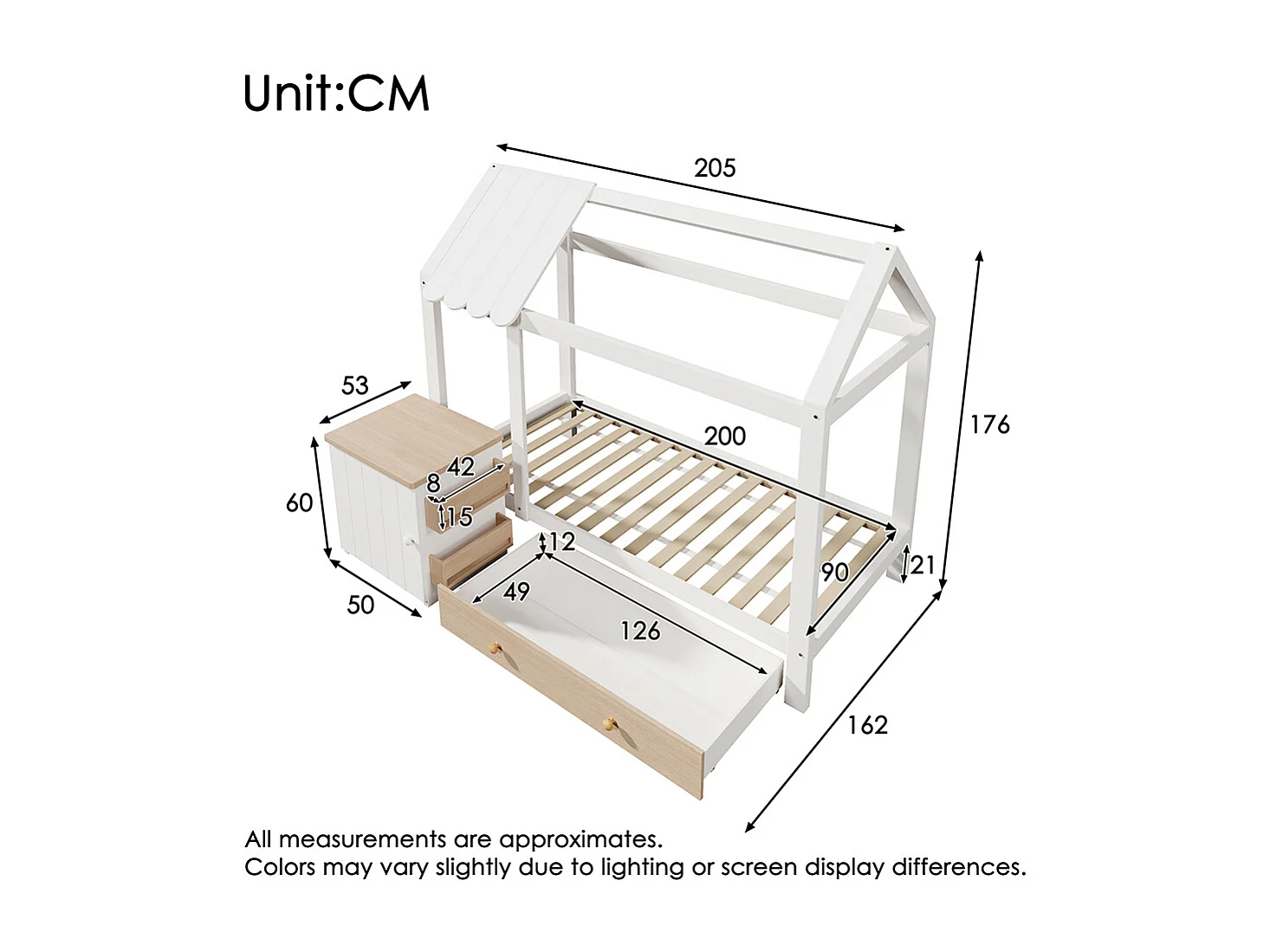 Lit de maison, lit d'enfant 90x200cm, lit de sol avec tiroirs et table de nuit amovible, bois massif, blanc et chêne, sans matelas