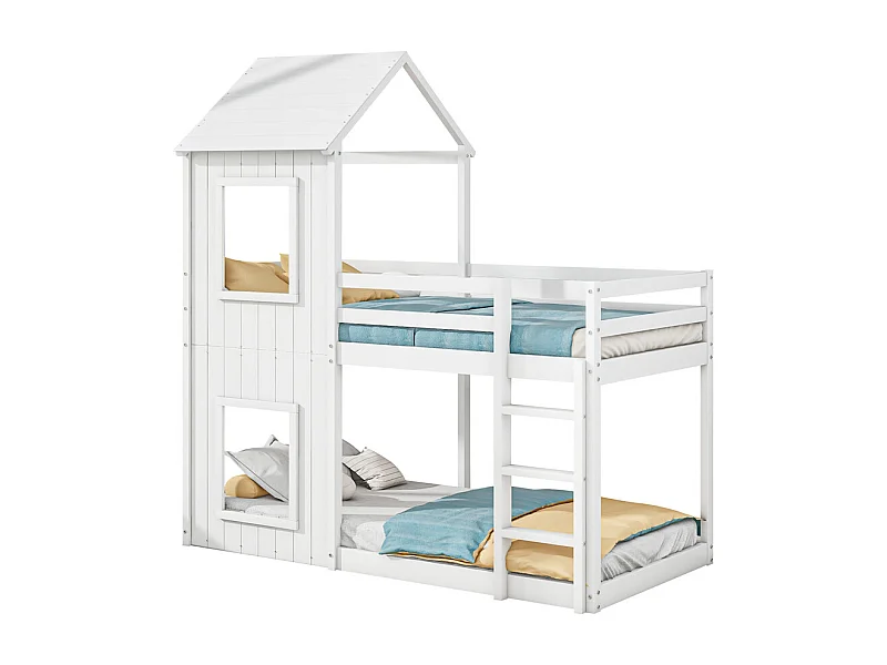Lit superposé 90x200cm, lit enfant, lit cabane pour filles et garçons, avec échelle et baldaquin, du sol au plafond, en bois massif, blanc