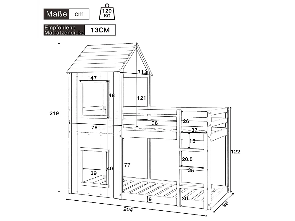 Lit superposé 90x200cm, lit enfant, lit cabane pour filles et garçons, avec échelle et baldaquin, du sol au plafond, en bois massif, blanc