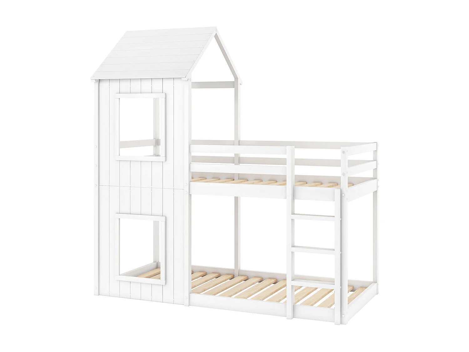 Lit superposé 90x200cm, lit enfant, lit cabane pour filles et garçons, avec échelle et baldaquin, du sol au plafond, en bois massif, blanc
