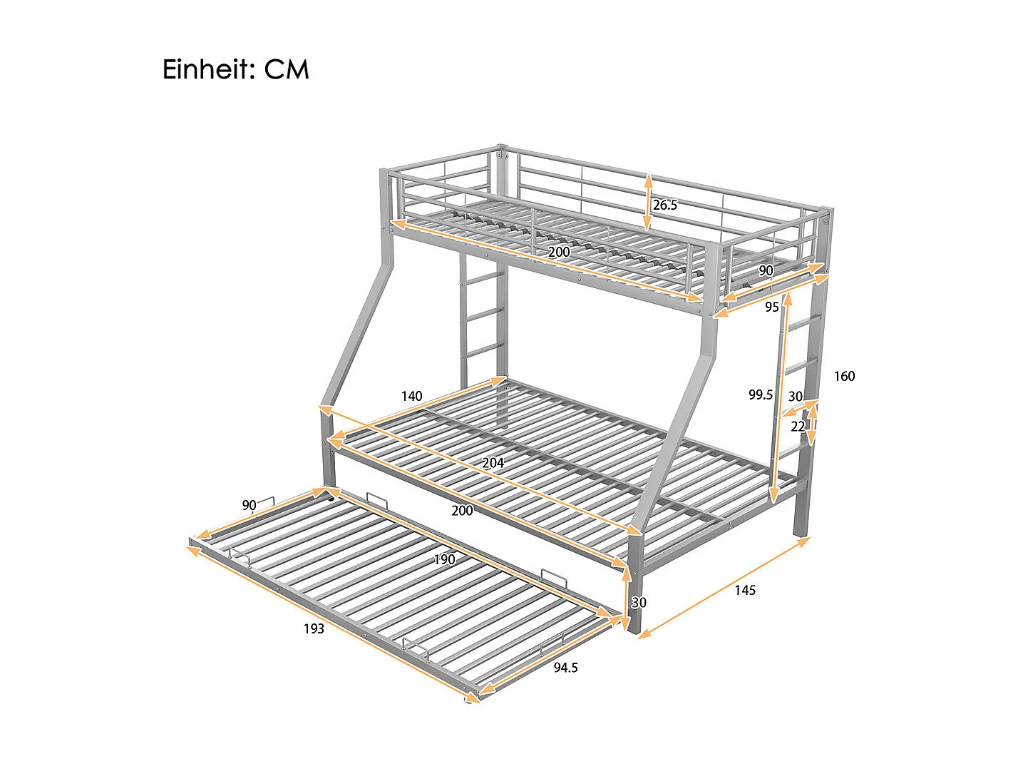 Lit jeune lit 90(140)x200cm lit superposé avec échelle lit double métal argenté