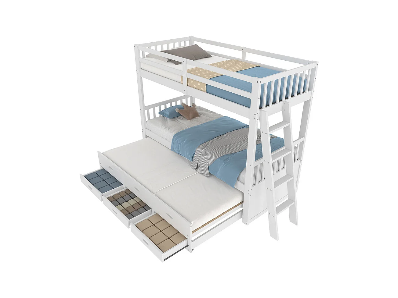 Lit superposé 90x200cm, lit enfant, avec échelle, lit gigogne et 3 tiroirs, sans matelas, pin et MDF, blanc