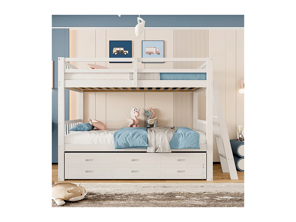 Lit superposé 90x200cm, lit enfant, avec échelle, lit gigogne et 3 tiroirs, sans matelas, pin et MDF, blanc