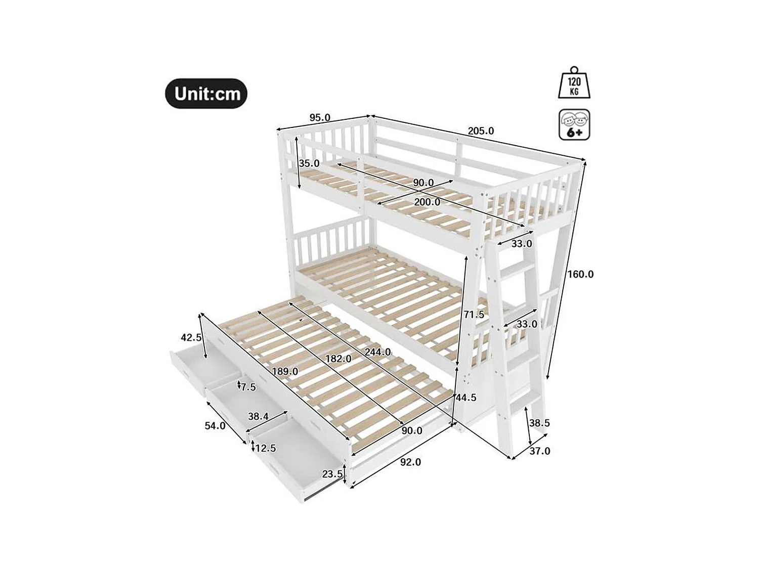 Lit superposé 90x200cm, lit enfant, avec échelle, lit gigogne et 3 tiroirs, sans matelas, pin et MDF, blanc