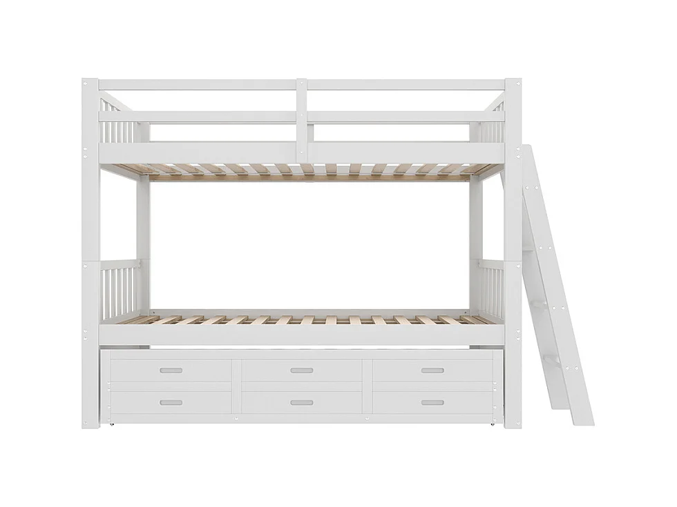 Lit superposé 90x200cm, lit enfant, avec échelle, lit gigogne et 3 tiroirs, sans matelas, pin et MDF, blanc