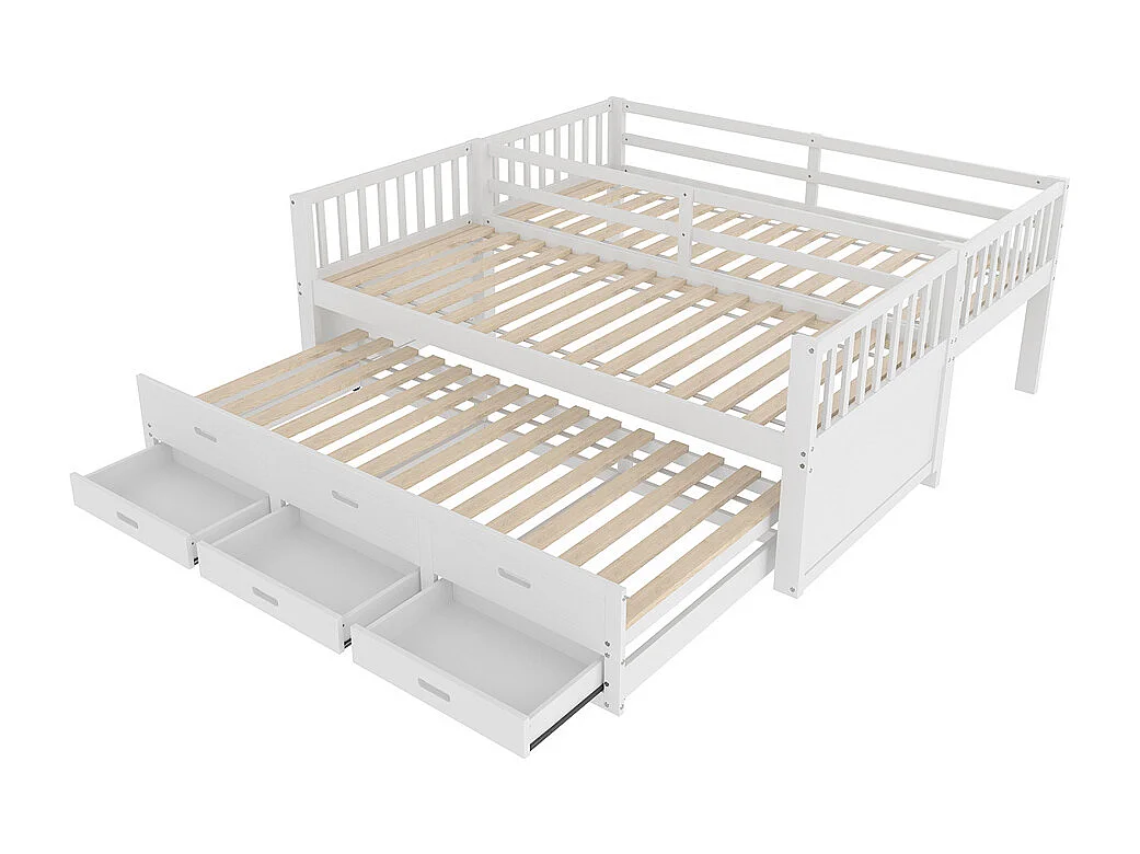 Lit superposé 90x200cm, lit enfant, avec échelle, lit gigogne et 3 tiroirs, sans matelas, pin et MDF, blanc