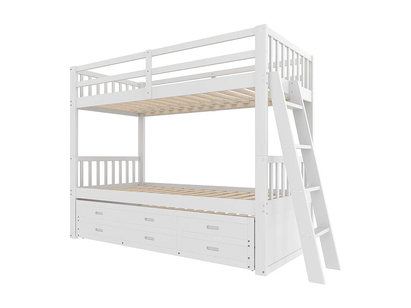Lit superposé 90x200cm, lit enfant, avec échelle, lit gigogne et 3 tiroirs, sans matelas, pin et MDF, blanc