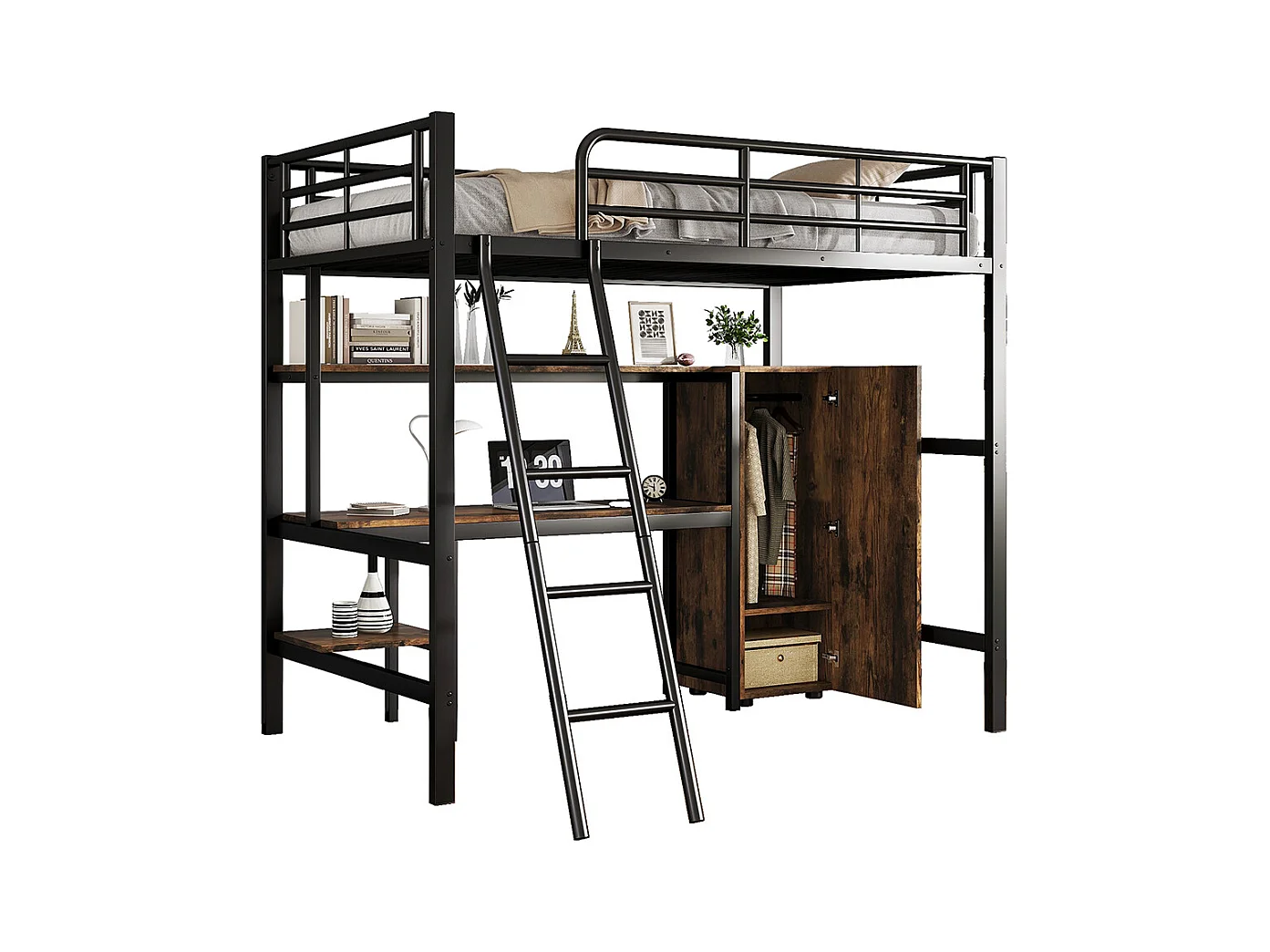 Lit en fer 90x200cm, avec table et armoire, nombreux rangements, avec échelle 4 marches, fer+aggloméré, noir,