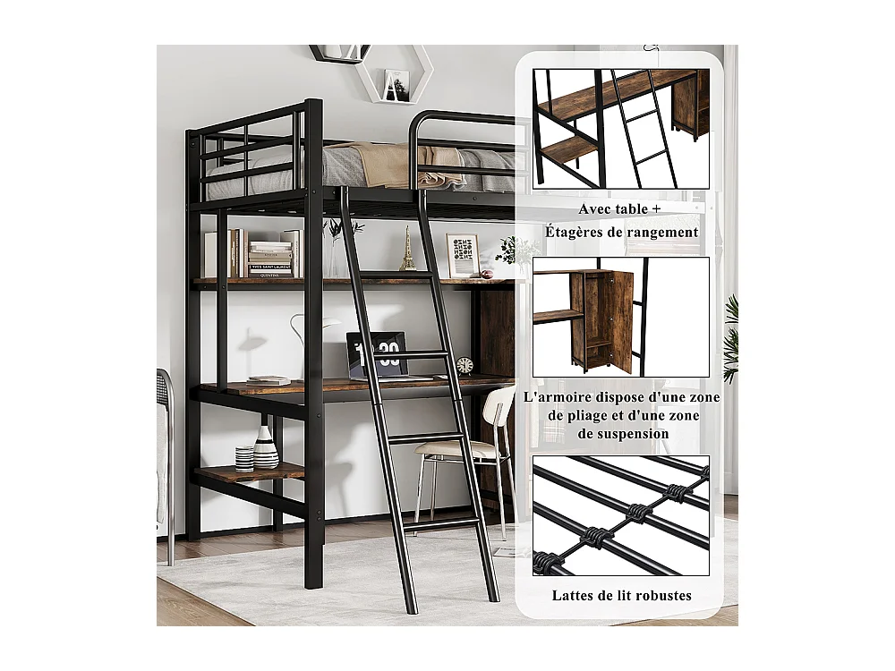 Lit en fer 90x200cm, avec table et armoire, nombreux rangements, avec échelle 4 marches, fer+aggloméré, noir,