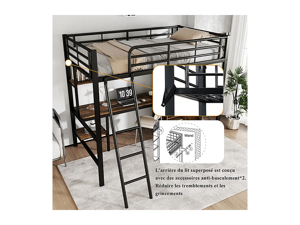 Lit en fer 90x200cm, avec table et armoire, nombreux rangements, avec échelle 4 marches, fer+aggloméré, noir,