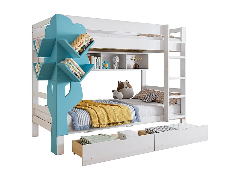 Lit superposé 90x200cm, Lit enfant créatif, Bibliothèque en forme d'arbre, Étagère ouverte, Deux tiroirs à roulettes, Blanc+Bleu,