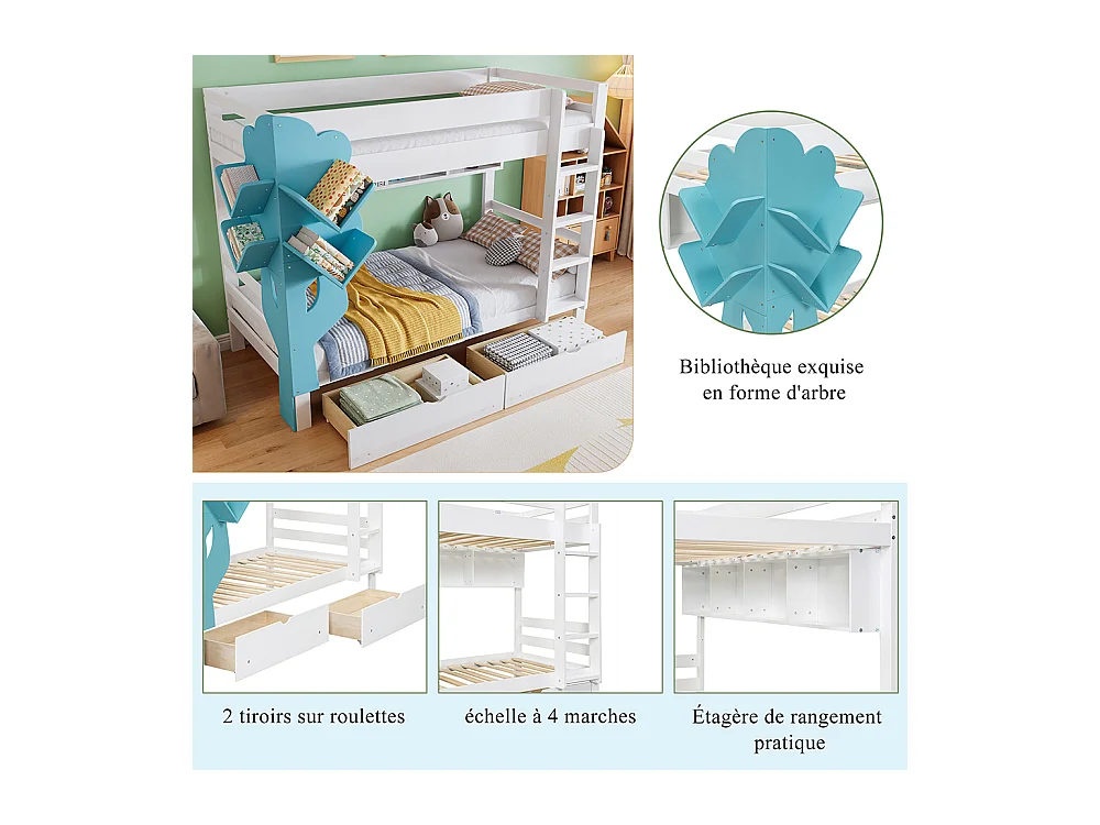 Lit superposé 90x200cm, Lit enfant créatif, Bibliothèque en forme d'arbre, Étagère ouverte, Deux tiroirs à roulettes, Blanc+Bleu,