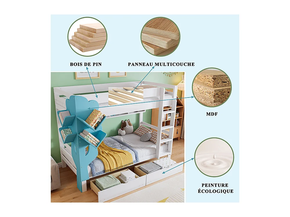 Lit superposé 90x200cm, Lit enfant créatif, Bibliothèque en forme d'arbre, Étagère ouverte, Deux tiroirs à roulettes, Blanc+Bleu,